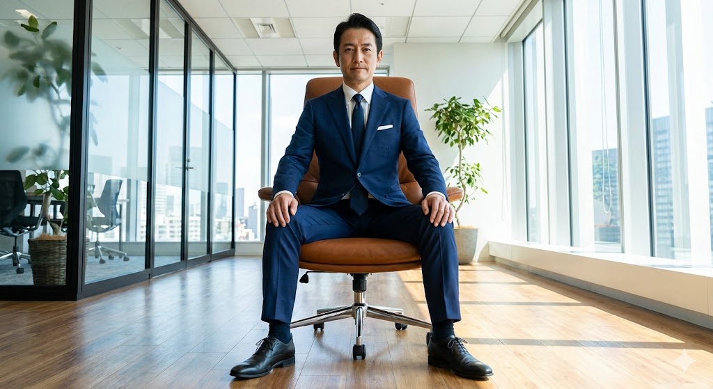 フットレストを使って堂々と座る自信に満ちた男性