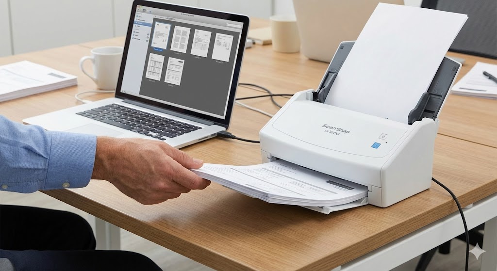 ドキュメントスキャナーを使って書類を電子化する様子