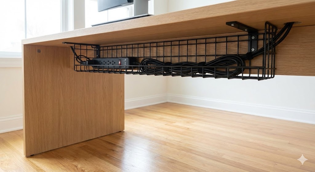 ケーブル配線が整理されすっきりしたデスク周り