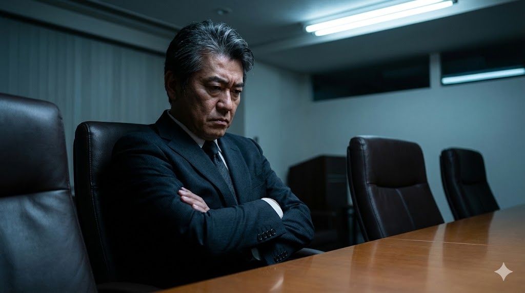 会議中に腕を組み、ふんぞり返って威圧感を与える上司の姿