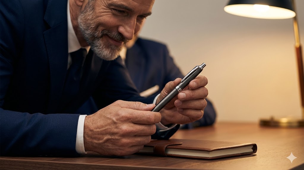 高級ボールペンを手に、前傾姿勢で部下の話を熱心に聞く知的な上司