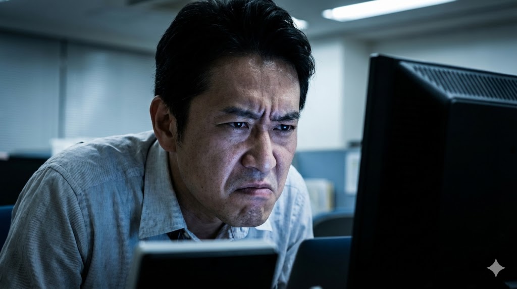 PC画面を睨みつけ、眉間にシワが寄っている不機嫌な男性（般若顔）
