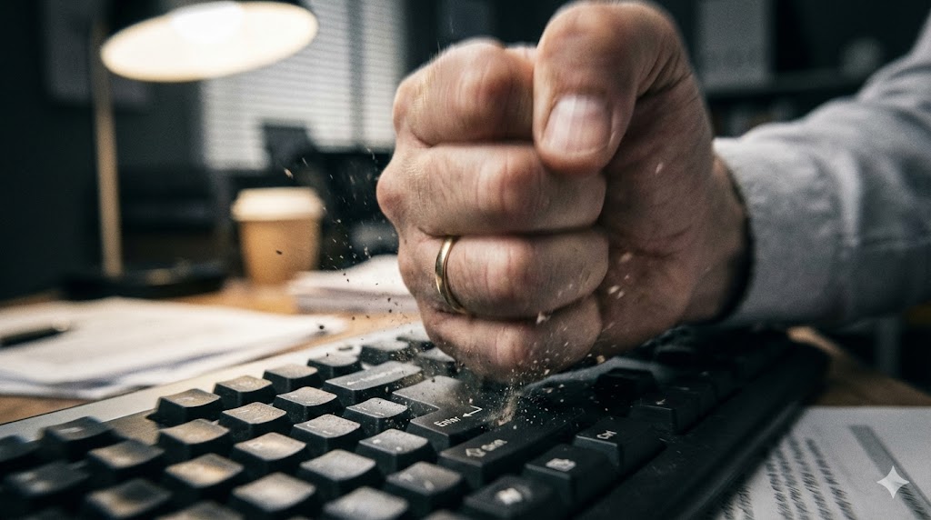 激しくエンターキーを叩く不機嫌な男性の手元