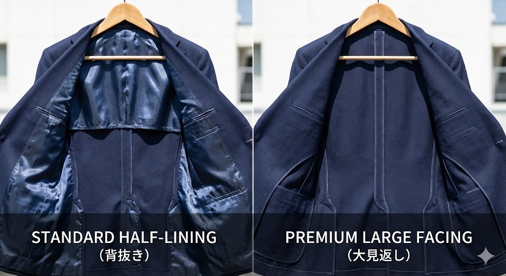 一般的な背抜き仕様と高級感のある大見返し（アンコン仕立て）の裏側比較