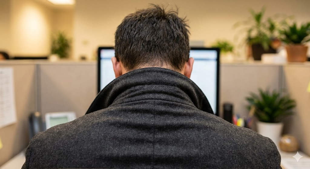 猫背の人が柔らかいスーツを着た時にできる首の後ろのシワ（ツキジワ）