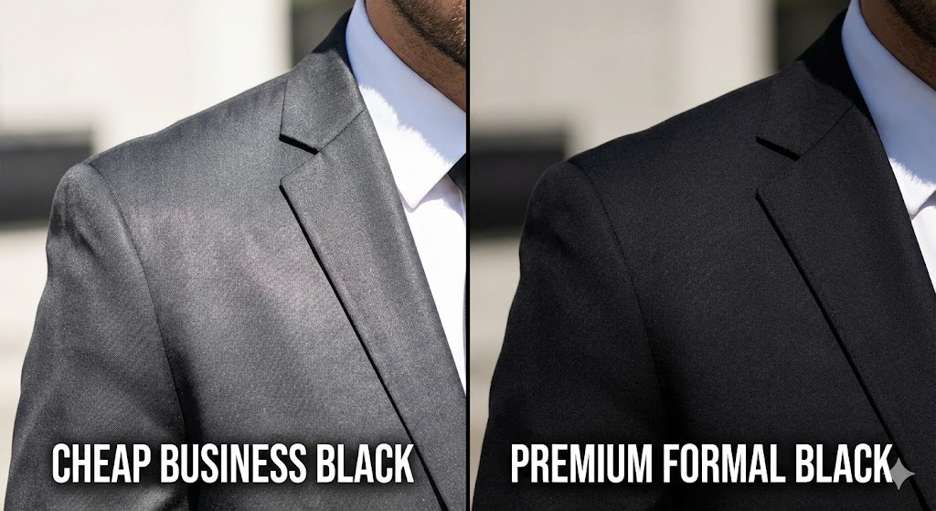 太陽光の下で比較したビジネススーツの黒と礼服の漆黒の違い