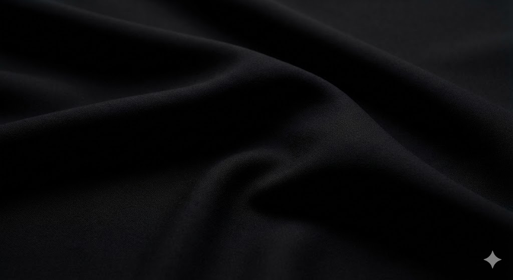 光を吸い込む濃染加工（オフスケール）が施された漆黒の生地