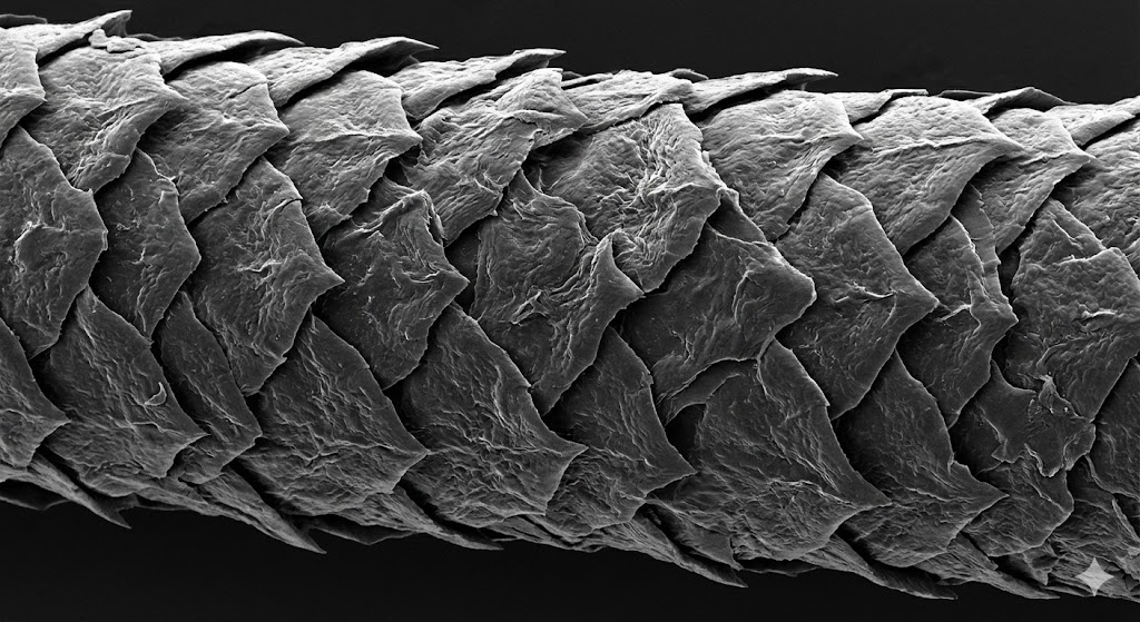 ウール繊維の表面にあるスケール（キューティクル）の顕微鏡画像