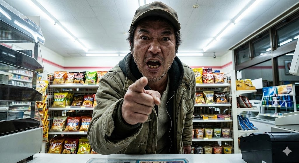 コンビニの店員にタメ口で怒鳴る威圧的なおじさん