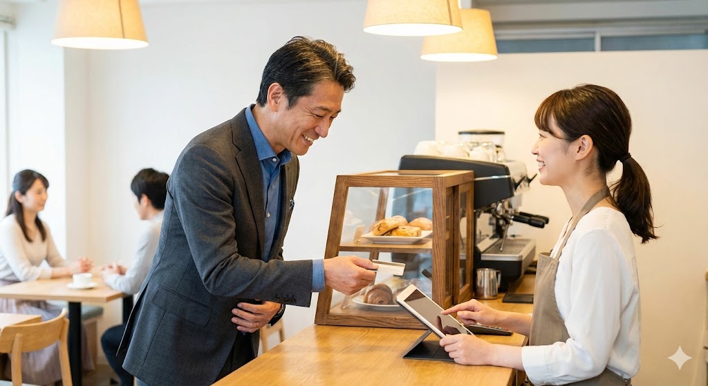 カフェの店員に笑顔で注文する紳士的な男性