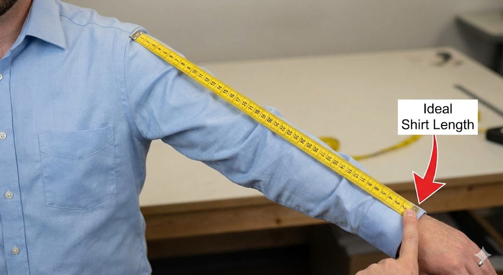 シャツの袖丈を測る際の基準点となる親指の付け根の位置