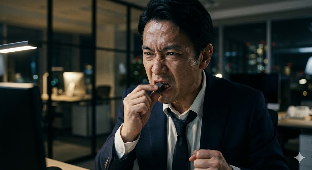 怒りで怒鳴りそうになる瞬間、物理的なストッパーとしてグミを口に入れるビジネスマン