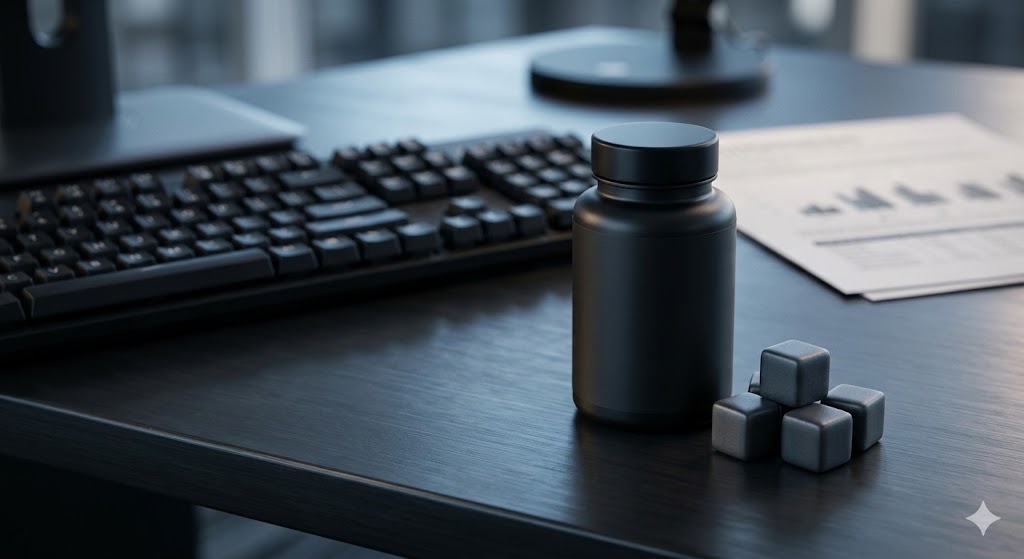 お菓子感を出さず、ビジネスツールとしてデスクに常備されたダークカラーのグミとボトルガム