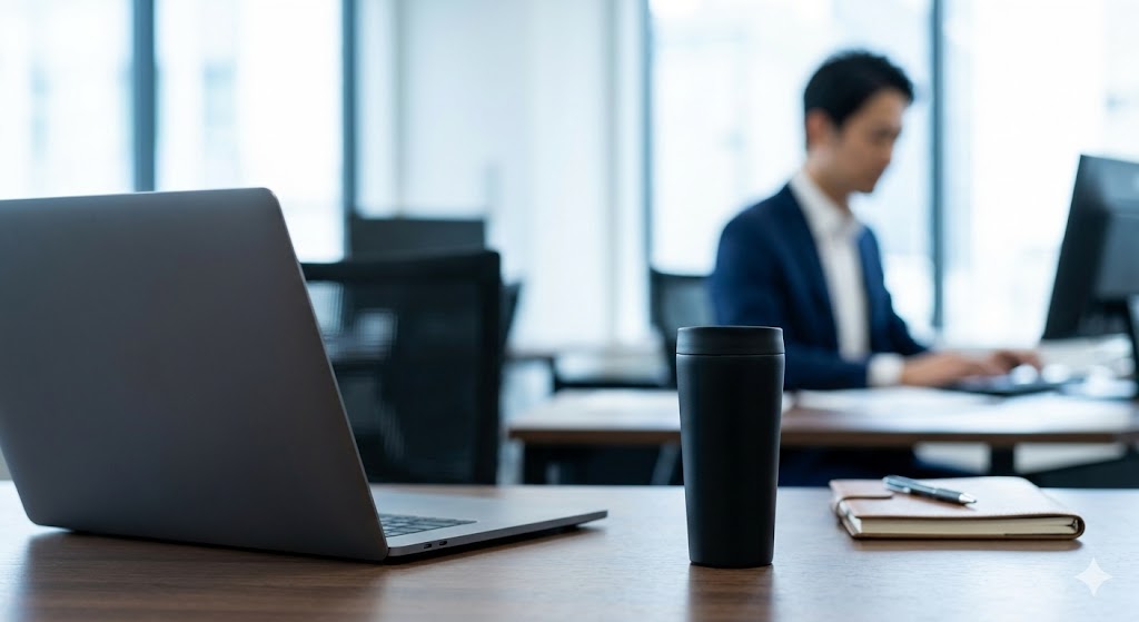 「清潔感」「適温」「冷静さ」を視覚化し、高機能タンブラーを手に入れた後の「理想の自分(イケオジ)」をイメージさせる画像。