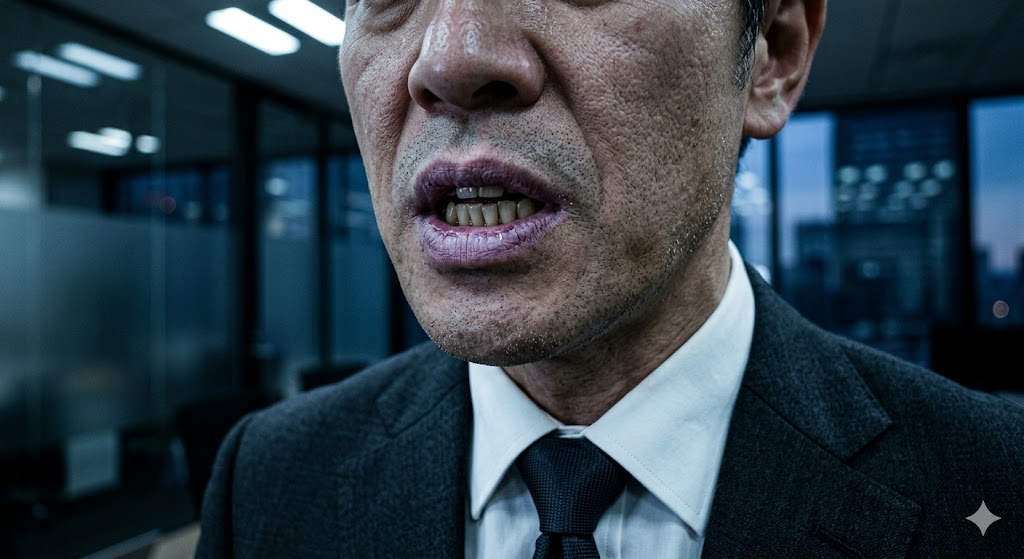 紫色のくすんだ唇から冷たい言葉を放つ、威圧的なビジネスマンの口元