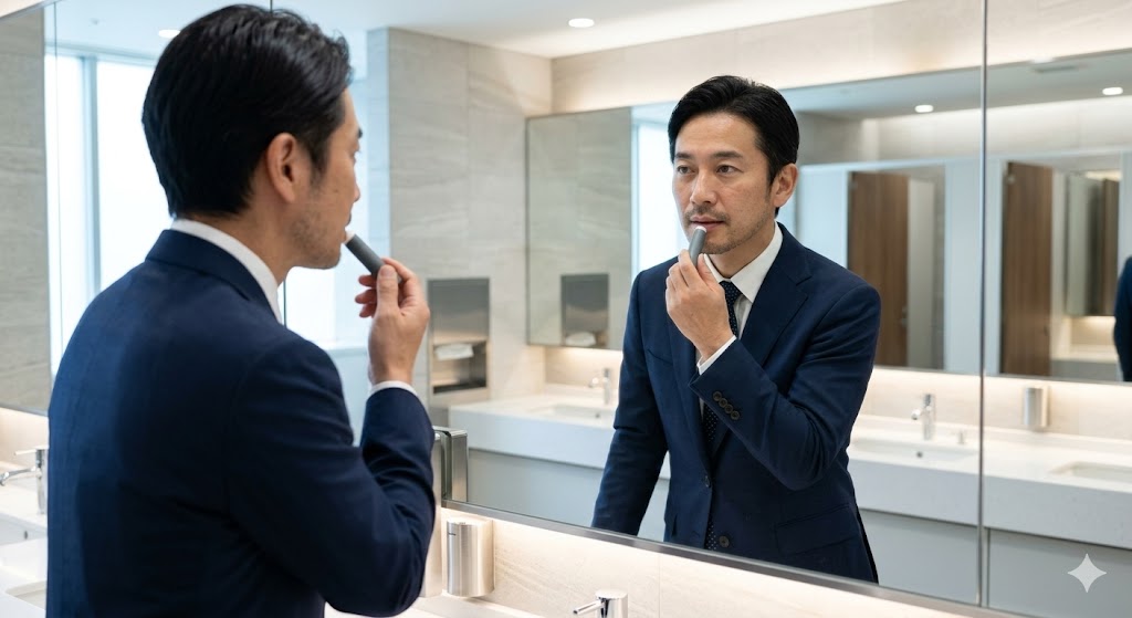 洗面所で自然な血色感のリップクリームをスマートに塗るビジネスマン
