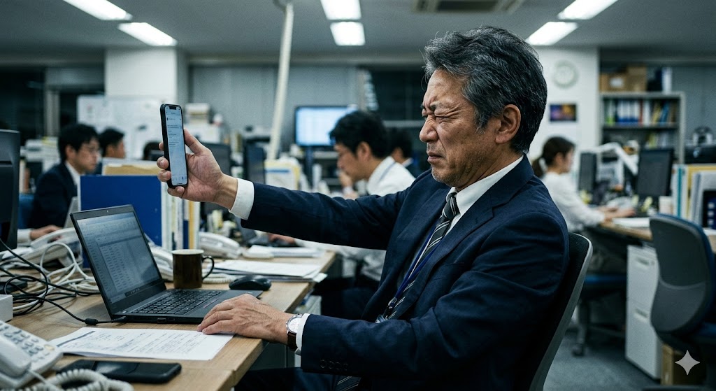 スマホを遠ざけて目を細める老眼の男性