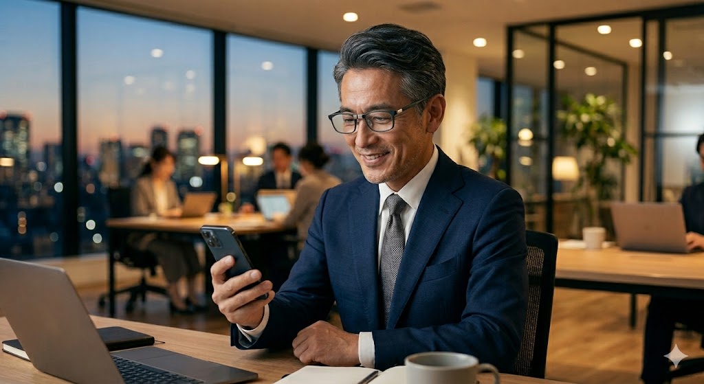 首掛けリーディンググラスでスマートにスマホを見る男性