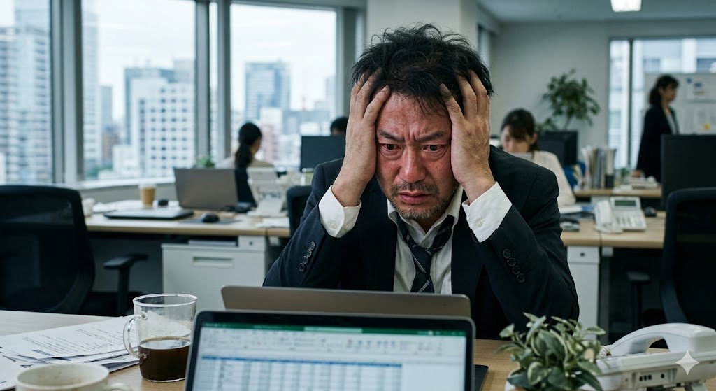 睡眠不足でイライラが限界に達し、前頭葉がフリーズしている中年ビジネスマン