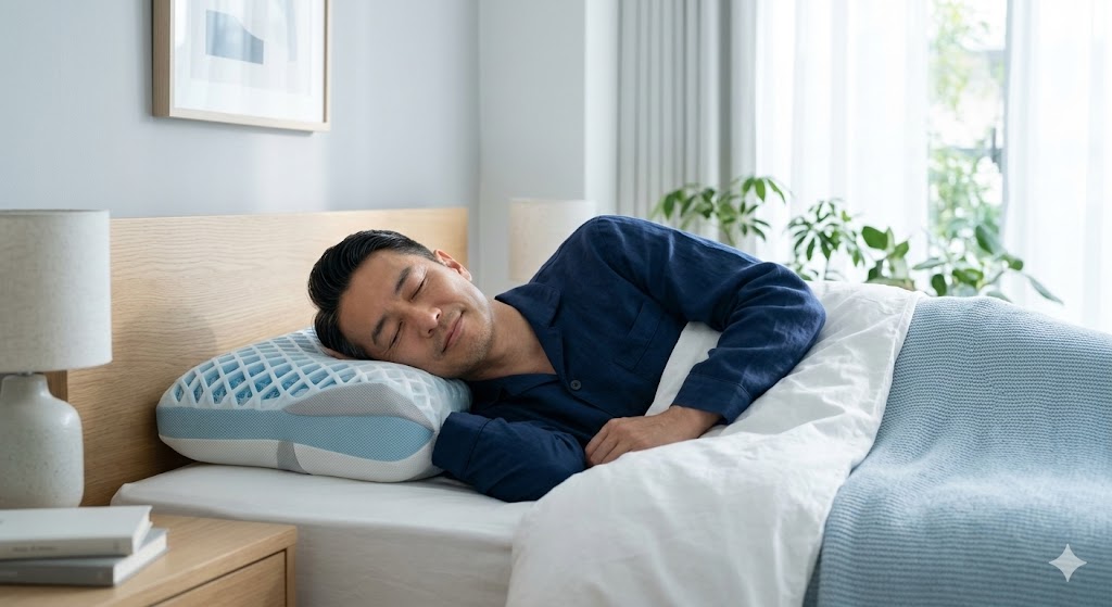高級枕で脳を冷却し、深く安らかに眠る中年ビジネスマンの穏やかな寝顔